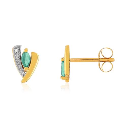 Boucles d'oreille or 375 jaune 2 tons emeraude et diamant