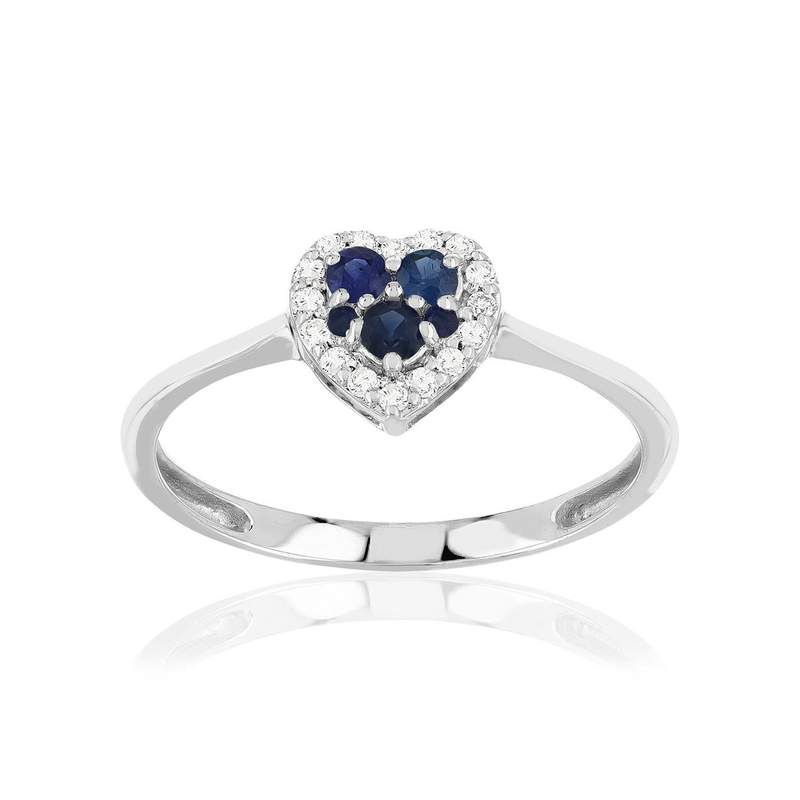 Bague or 375 blanc saphirs diamants motif coeur - vue 1