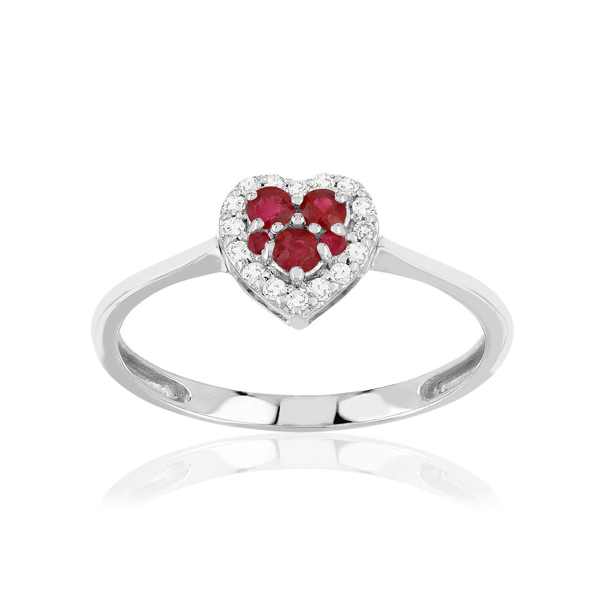 Bague or 375 blanc rubis diamants motif coeur