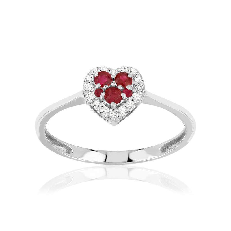 Bague or 375 blanc rubis diamants motif coeur - vue 1