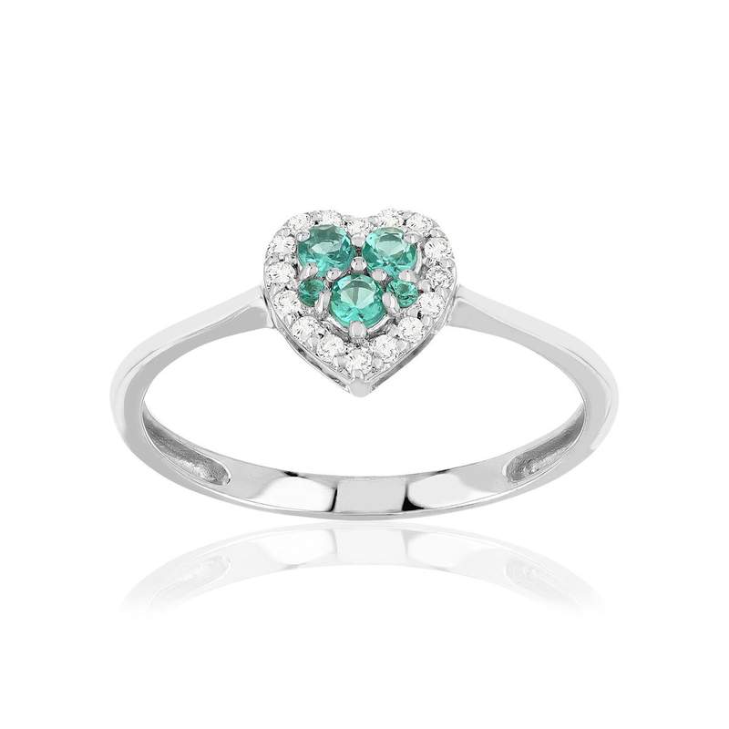 Bague or 375 blanc émeraudes diamants motif coeur - vue 1
