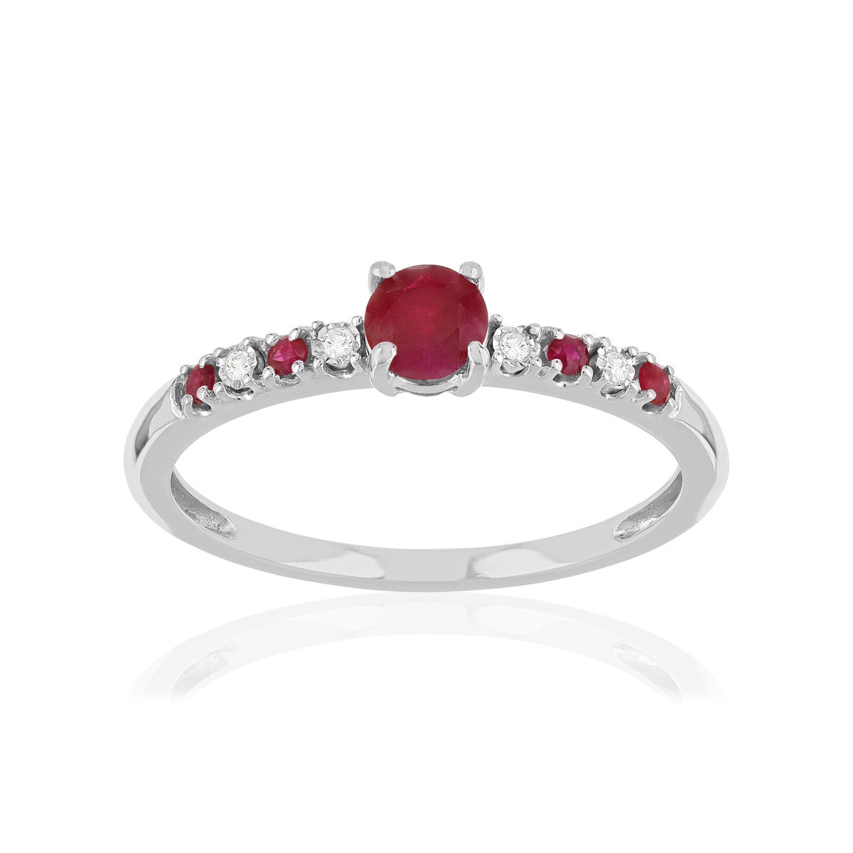 Bague or 375 blanc rubis diamants