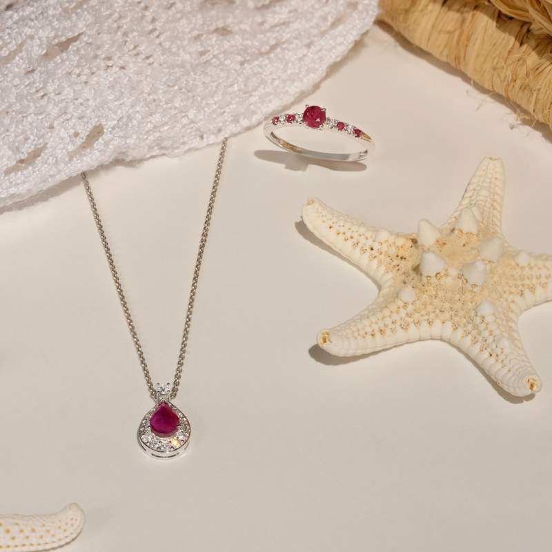 Bague or 375 blanc rubis diamants - vue D1