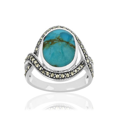 Bague argent turquoises marcassites ziconias - vue 1