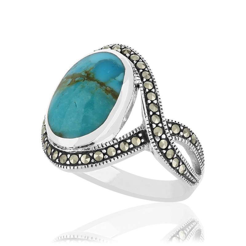 Bague argent turquoises marcassites ziconias - vue D1