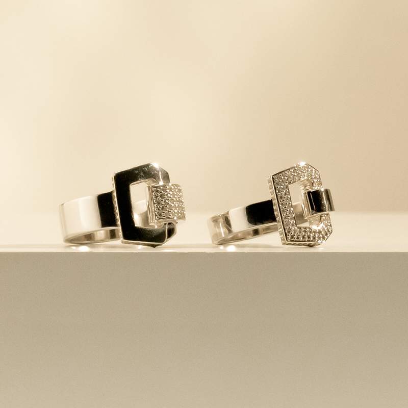 Bague or recyclé 750 blanc et boucle diamants - vue D1