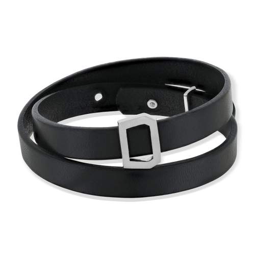 Bracelet boucle argent 925 double tour cuir noir