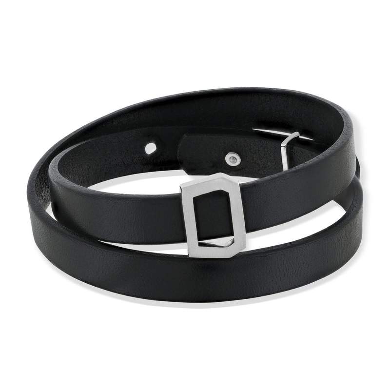 Bracelet boucle argent 925 double tour cuir noir - vue 1