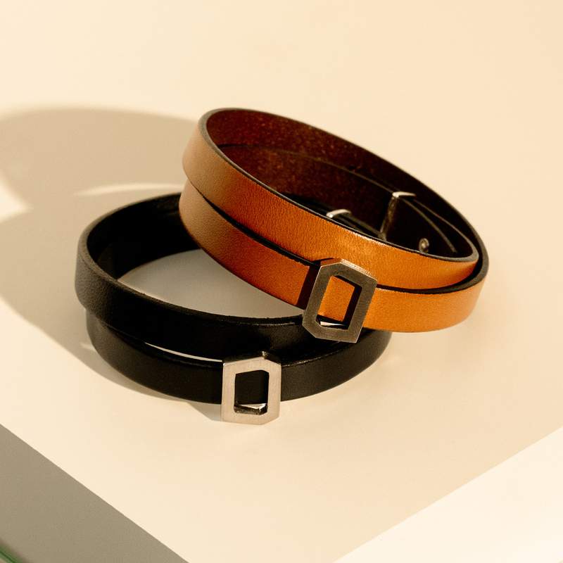 Bracelet boucle argent 925 double tour cuir noir - vue D1