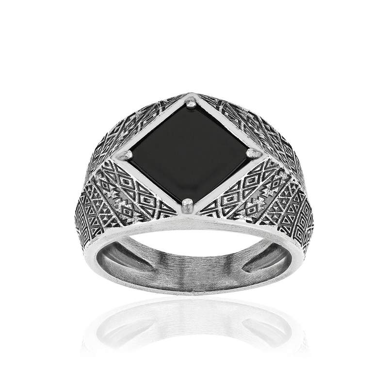 Bague argent 925 écailles losange agate noire losange - vue 1