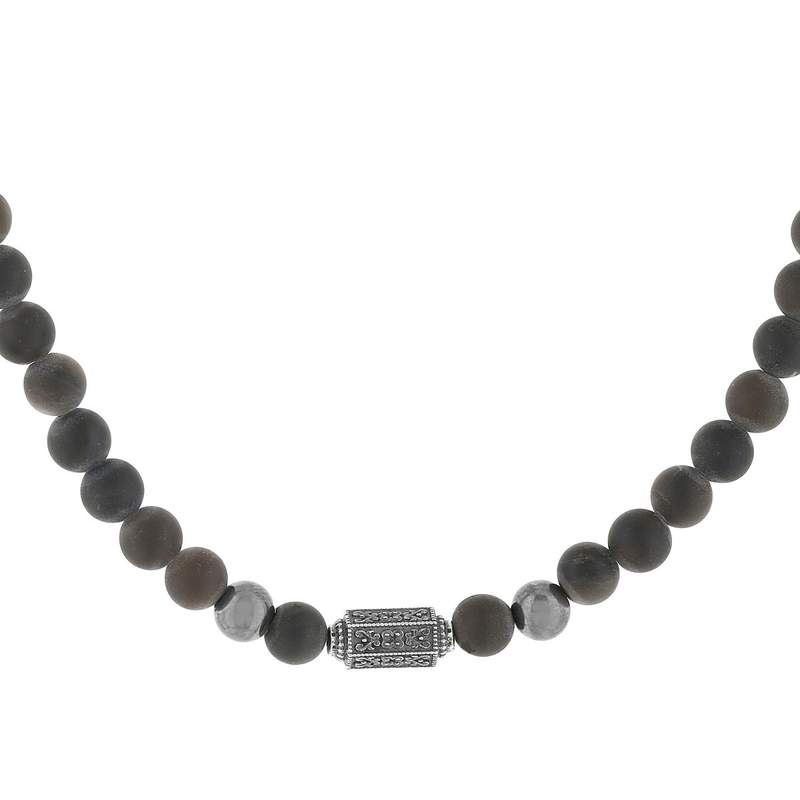 Collier perles obsidiennes noires et perles argent 48cm - vue 1