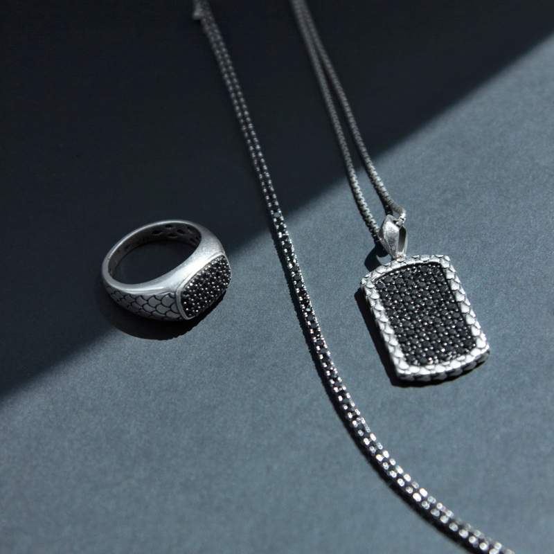 Collier argent 925 plaque spinelles noires 60cm - vue D1