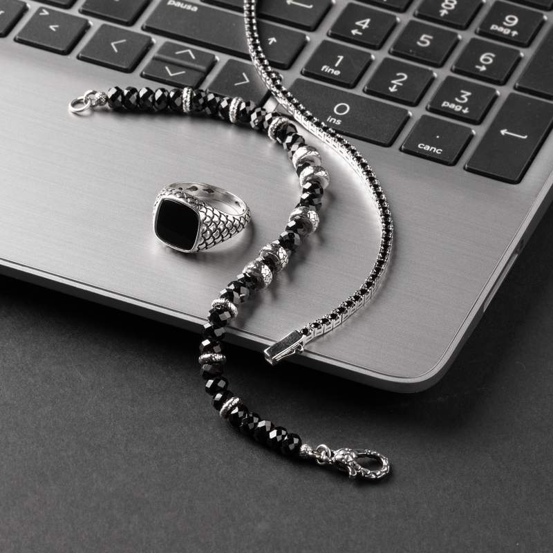 Bracelet argent 925 spinelles noires rondes 21cm - vue D1