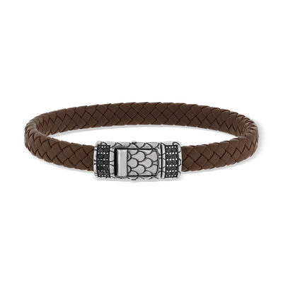 Bracelet marron tressé spinelles noires 19cm