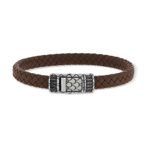 Bracelet marron tressé spinelles noires 19cm