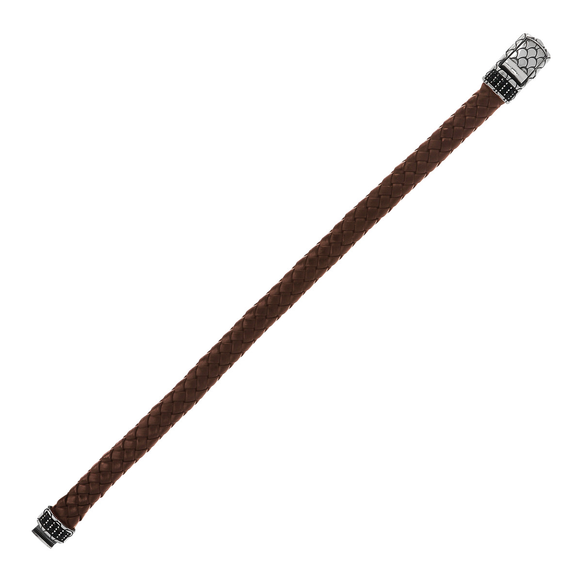 Bracelet cuir marron tressé spinelles noires 19cm - vue 2