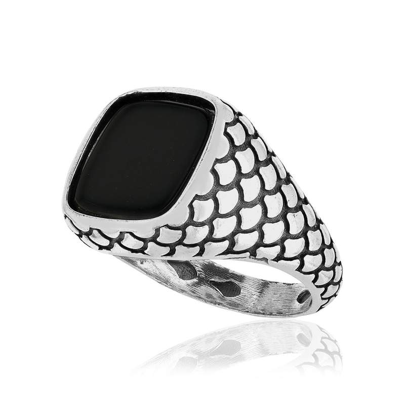 Bague argent 925 écailles onyx carré - vue D1