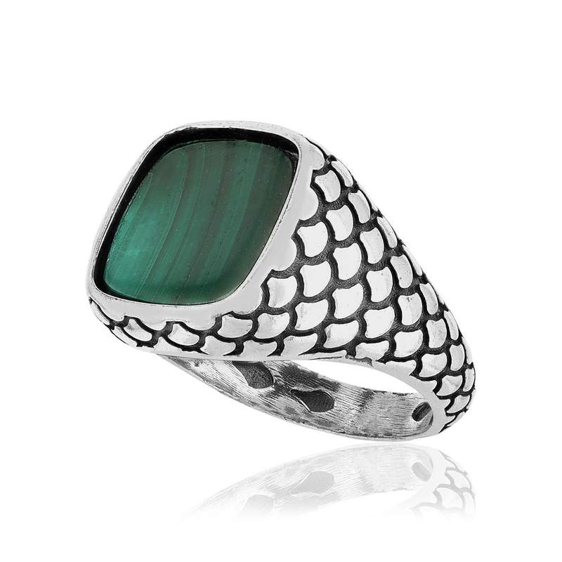 Bague argent 925 écailles malachite carrée - vue D1