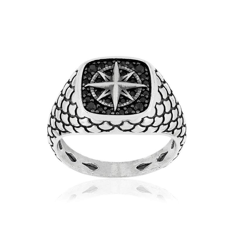 Bague argent 925 rose des vents spinelles noires - vue 1