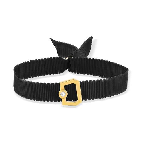 Bracelet boucle or recyclé 750 jaune diamant ruban noir 21cm