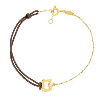 Bracelet boucle chaine or 750 jaune diamant et cordon chocolat 18cm