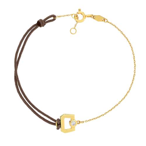 Bracelet boucle chaine or recyclé 750 jaune diamant et cordon chocolat 18cm