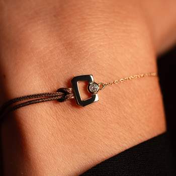 Bracelet boucle chaine or 750 jaune diamant et cordon chocolat 18cm