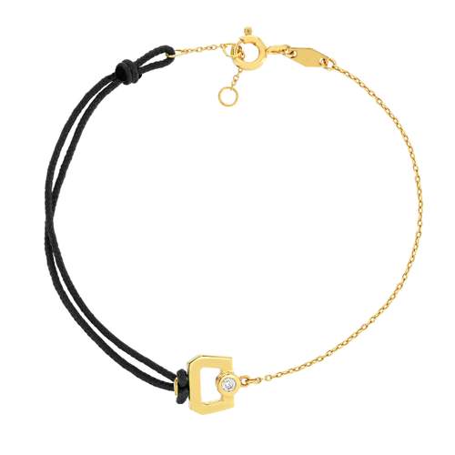 Bracelet boucle chaine or 750 jaune diamant et cordon noir 18cm
