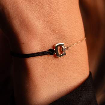 Bracelet boucle chaine or 750 jaune diamant et cordon noir 18cm