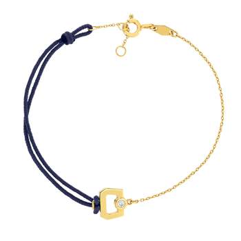 Bracelet boucle chaine or 750 jaune diamant et cordon marine 18cm
