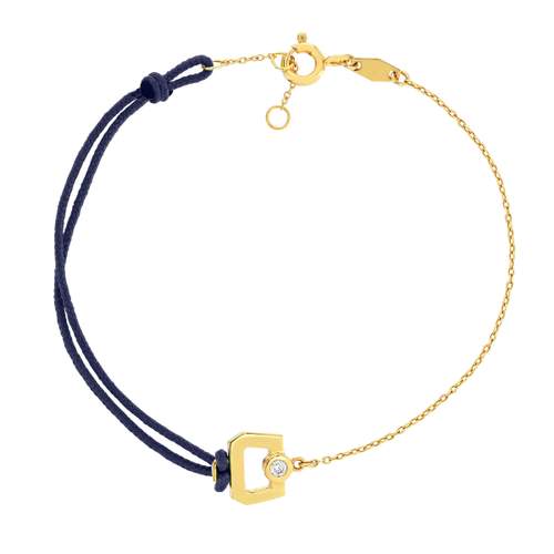 Bracelet boucle chaine or recyclé 750 jaune diamant et cordon marine 18cm