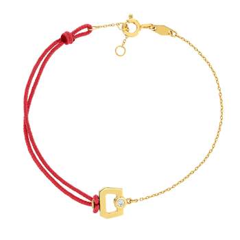 Bracelet boucle chaine or 750 jaune diamant et cordon rouge 18cm