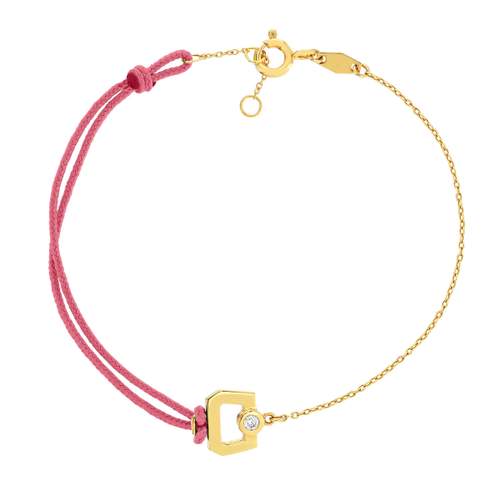 750 yellow gold chain bracelet with diamond clasp and pink cord, 18 cm