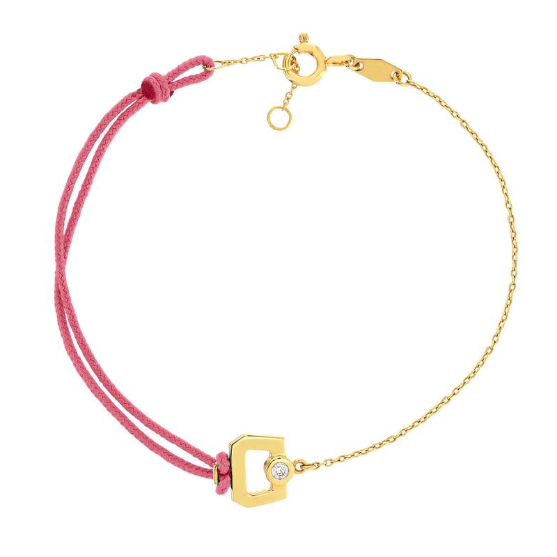 Armband met kettinggesp van 750 geelgoud met diamant en roze koord, 18 cm - afbeelding 1
