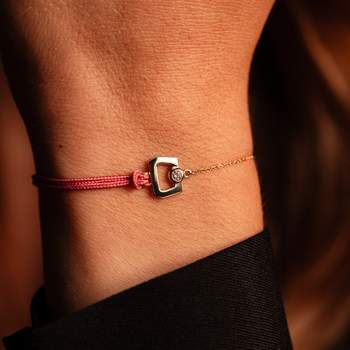 750 yellow gold chain bracelet with diamond clasp and pink cord, 18 cm