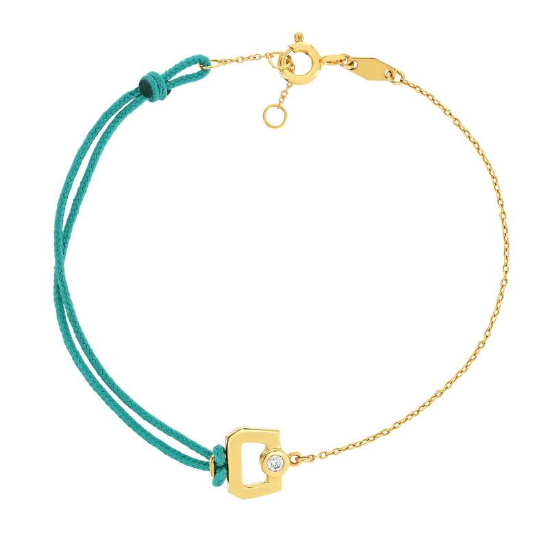 Bracelet boucle chaine or recyclé 750 jaune diamant et cordon vert 18cm - vue 1