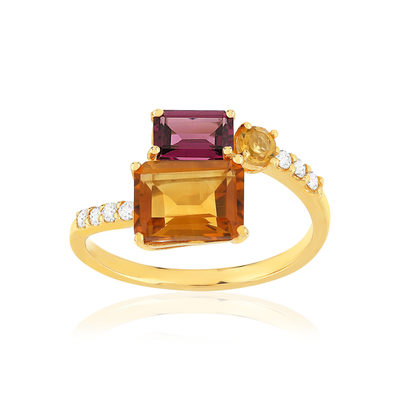 Bague or 375 jaune diamants pierres précieuses