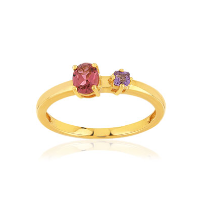 Bague or 375 jaune tourmaline et améthyste