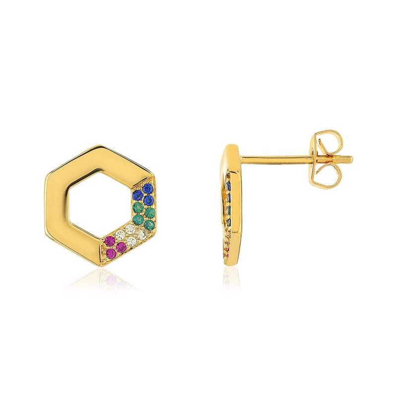 Boucles d'oreilles plaqué or hexagonales pierres synthétiques - vue 1