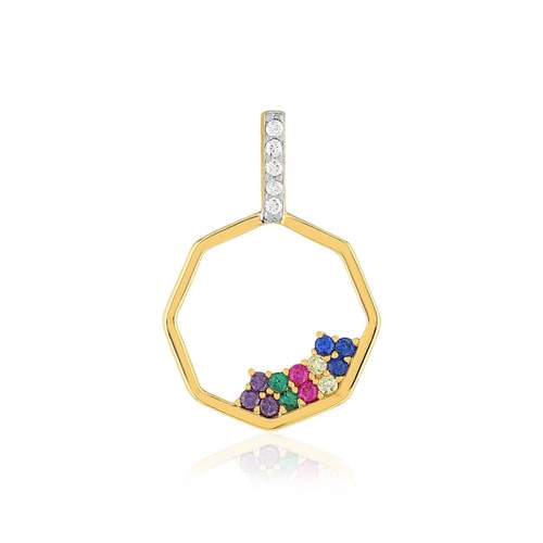 Pendentif plaqué or motif hexagonal pierres synthétiques multicolores