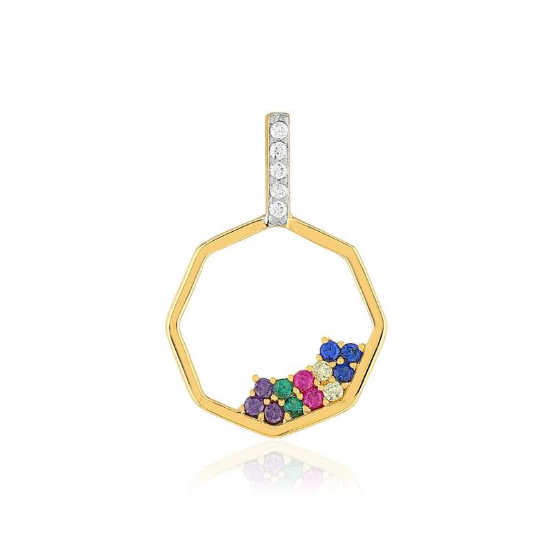 Pendentif plaqué or motif hexagonal pierres synthétiques multicolores - vue 1