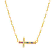 Collier plaqué or motif croix religieuse pierres synthétiques multicolores 45cm