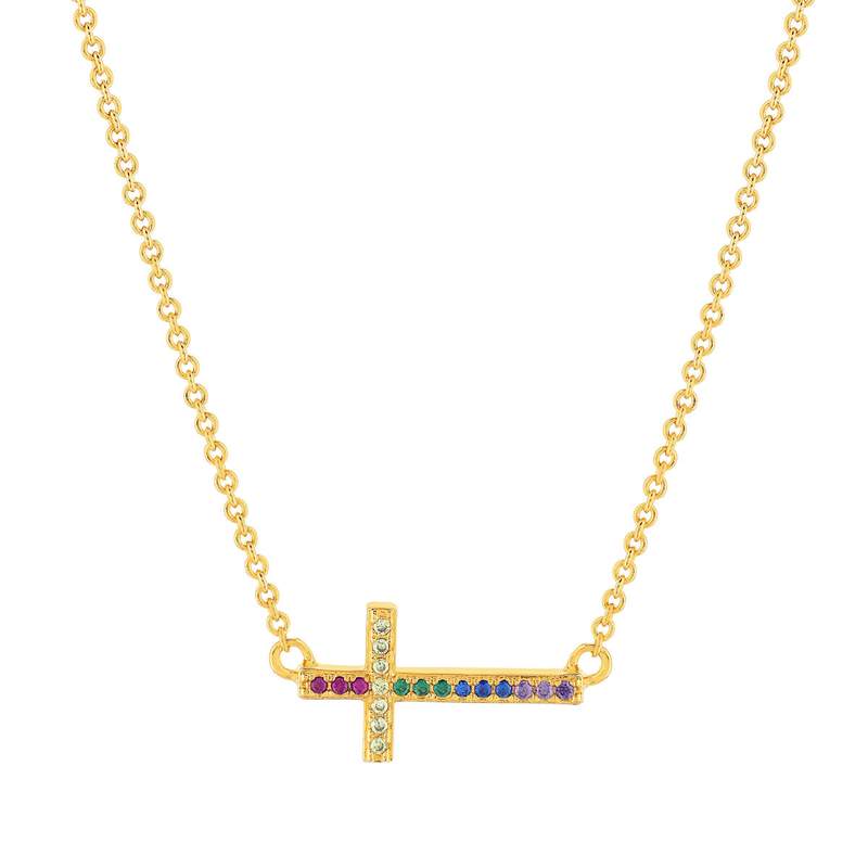 Gold-plated necklace with religious cross motif and multicolored synthetic stones, 45 cm - view 1