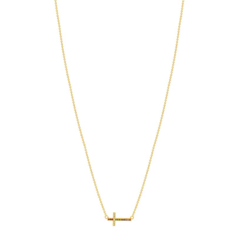 Gold-plated necklace religious cross motif multicolored synthetic stones 45cm - view 2