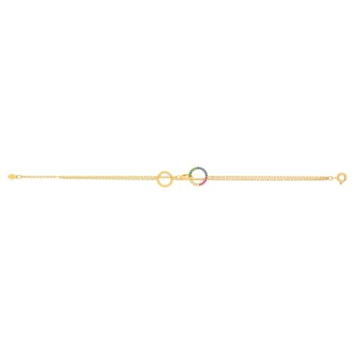Bracelet plaqué or double rang motifs ronds pierres synthétiques multicolores 19cm