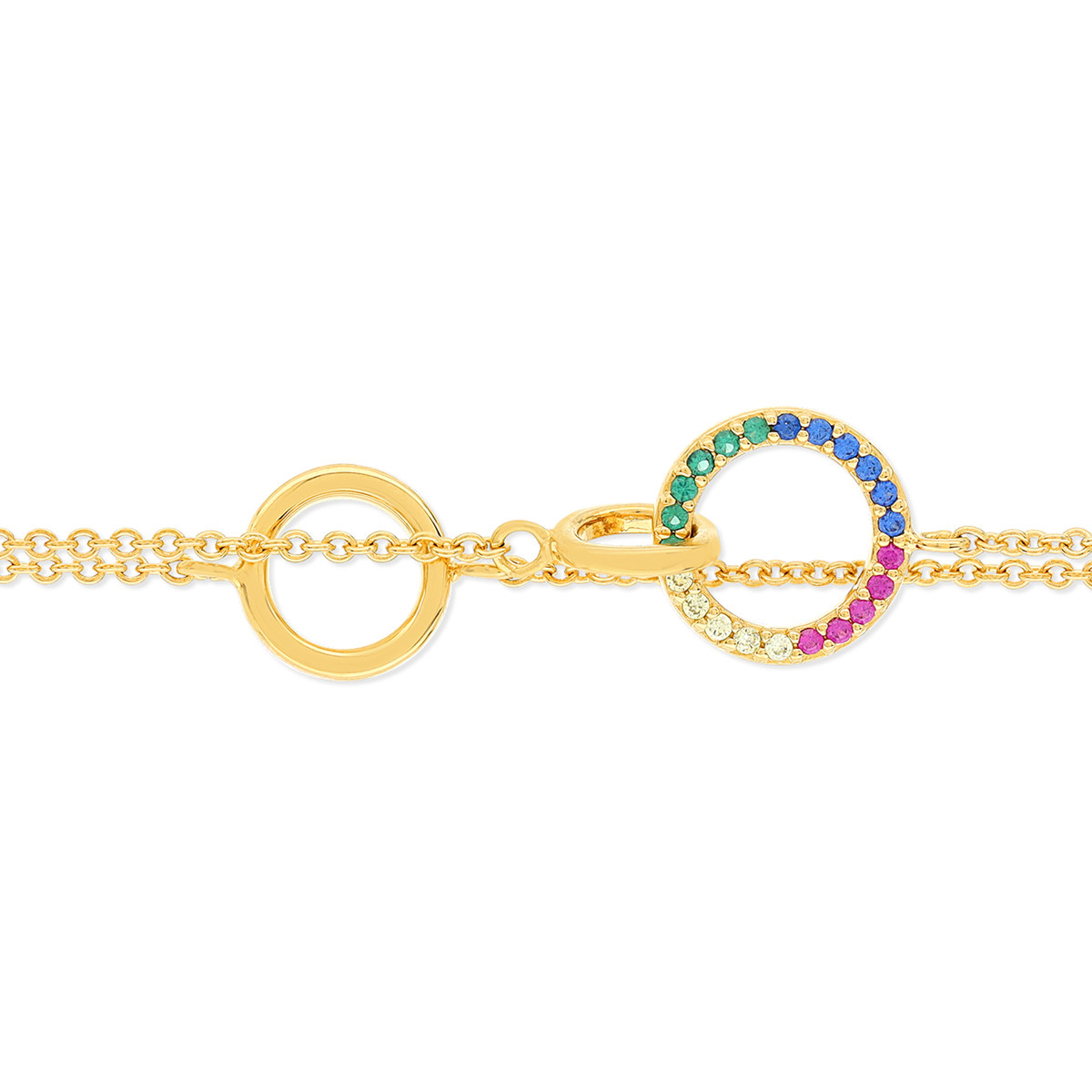 Bracelet plaqué or double rang motifs ronds pierres synthétiques multicolores 19cm - vue D2