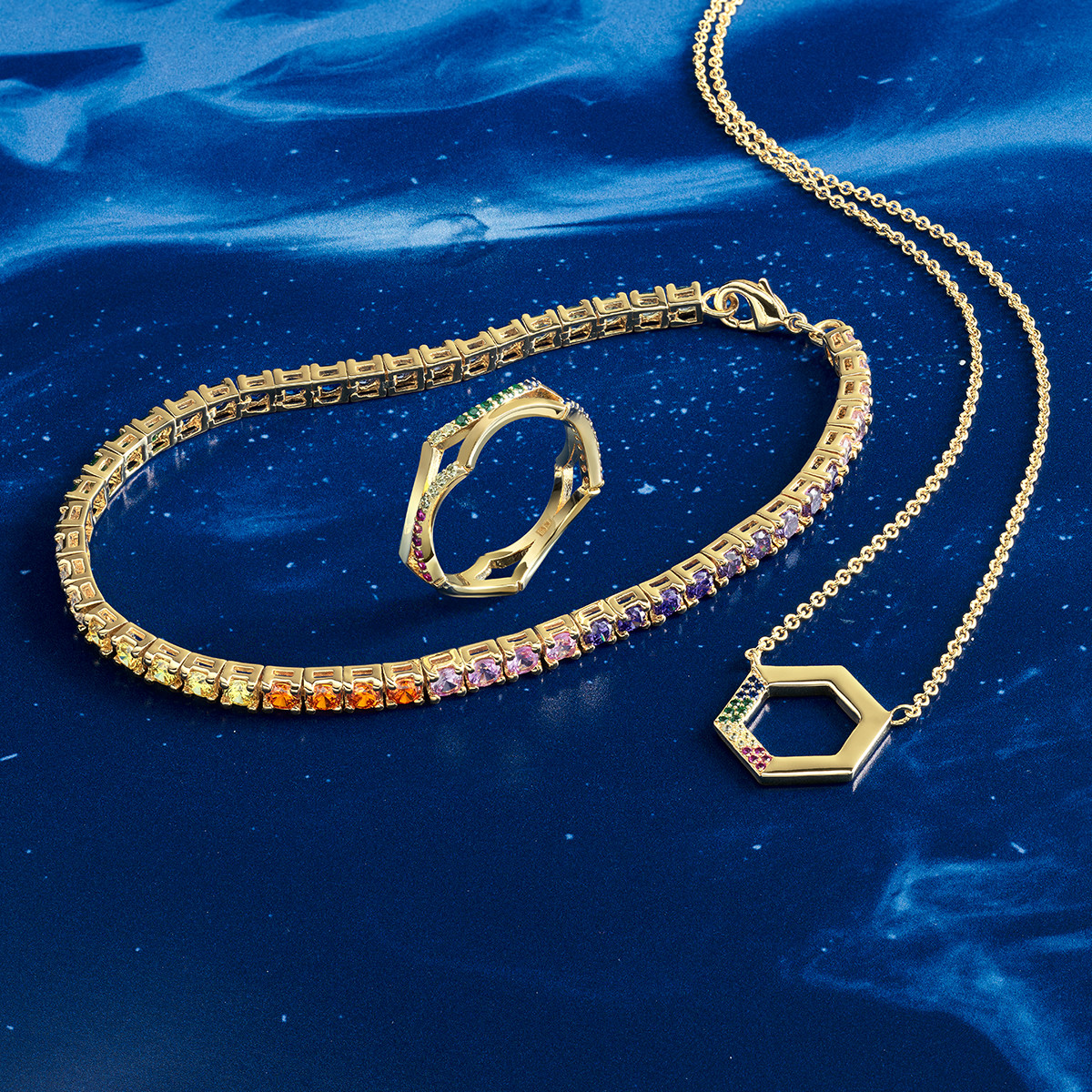 Bracelet plaqué or pierres synthétiques multicolores 19cm - vue D2