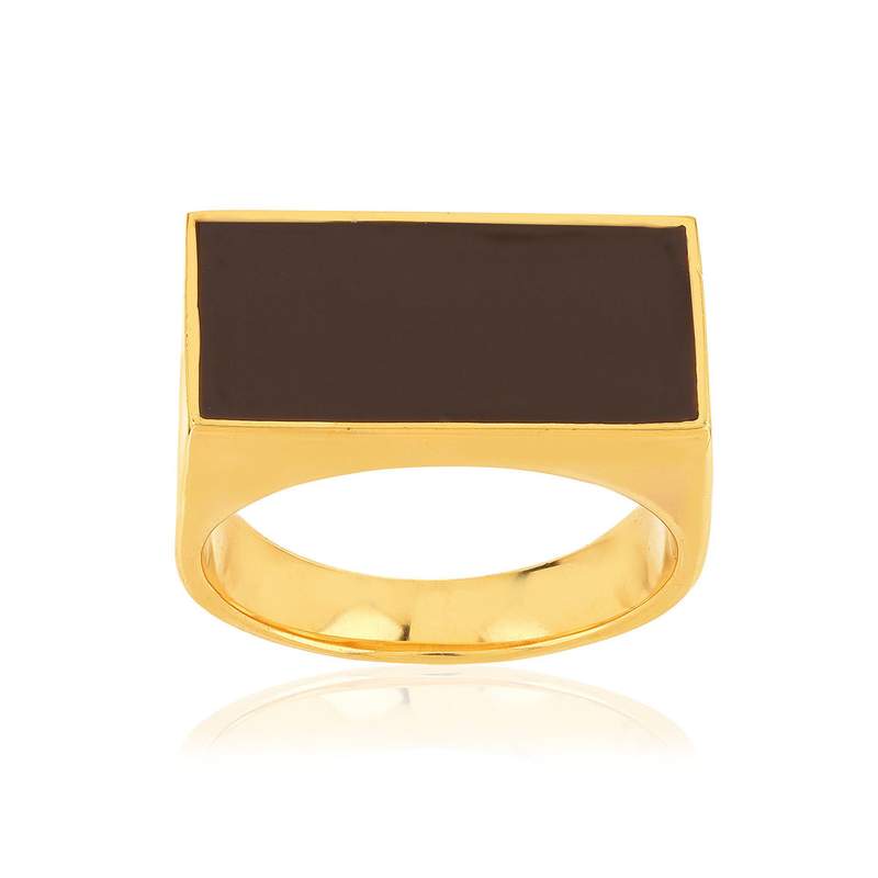 Bague plaqué or laque marron rectangulaire - vue 1