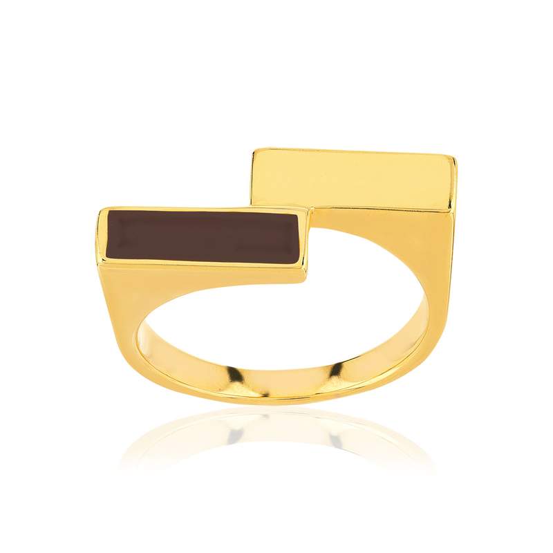 Bague plaqué or laque marron - vue 1
