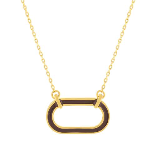 Collier plaqué or motif ovale laque marron 45cm